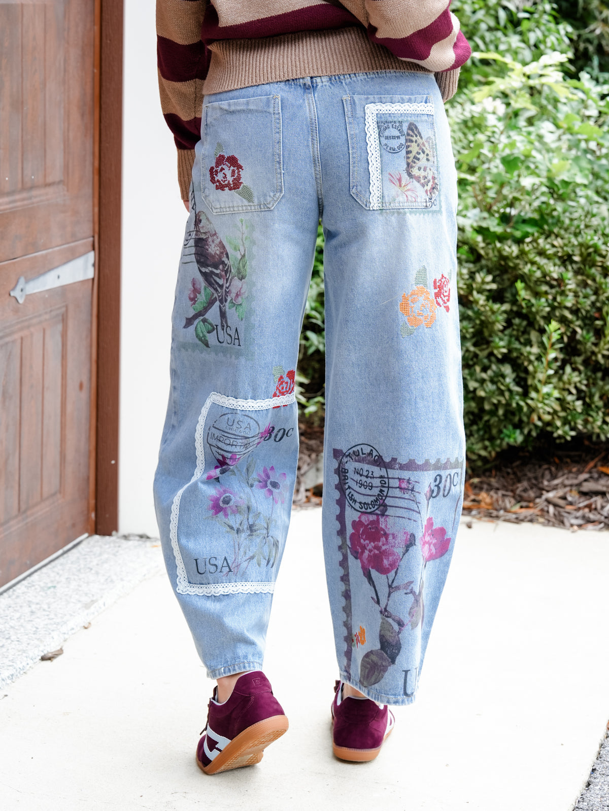 Postage Stamp Print High Waist Barrel Jeans