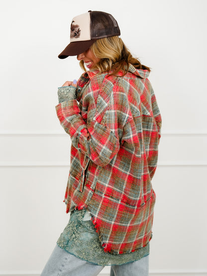 Plaid Long Sleeve Button Down Shacket with Lace Trim