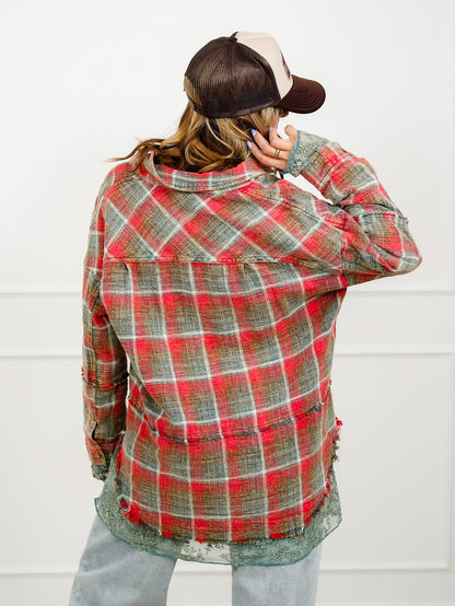 Plaid Long Sleeve Button Down Shacket with Lace Trim