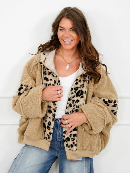 Sherpa Long Sleeve Zip Up Jacket with Leopard Print Contrast
