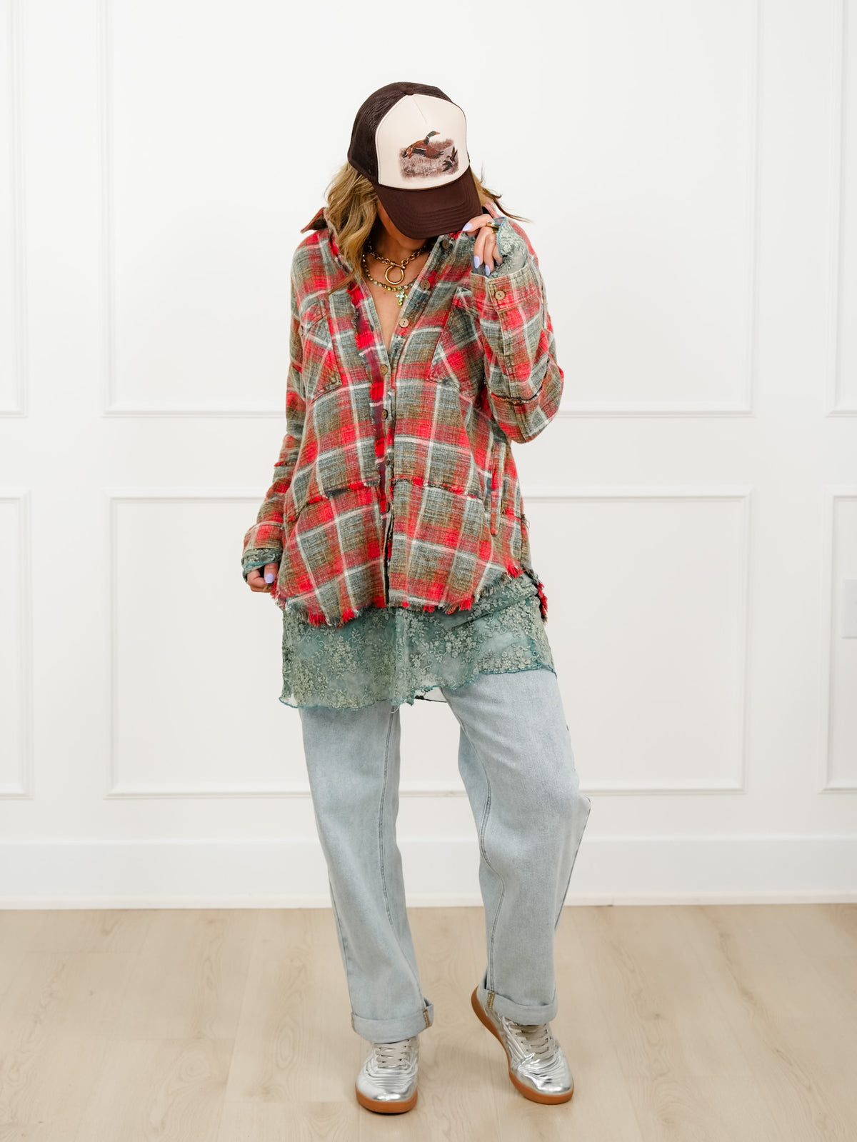 Plaid Long Sleeve Button Down Shacket with Lace Trim