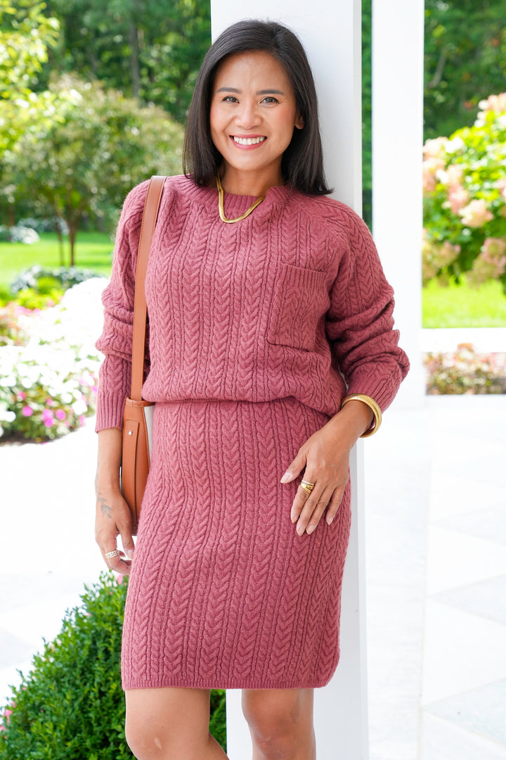 Cable Knit Long Sleeve Sweater and Skirt Set