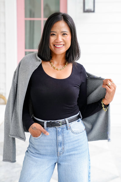 Solid Long Sleeve Scoop Neck Crop Top