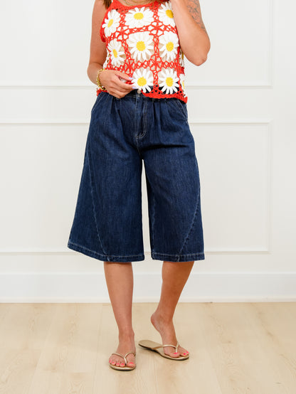 Dark Wash Wide Leg Long Shorts