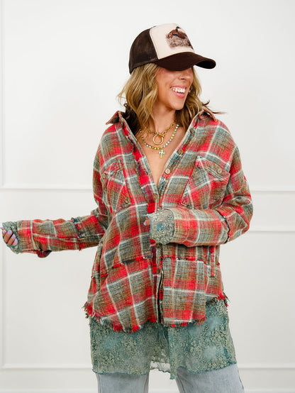 Plaid Long Sleeve Button Down Shacket with Lace Trim