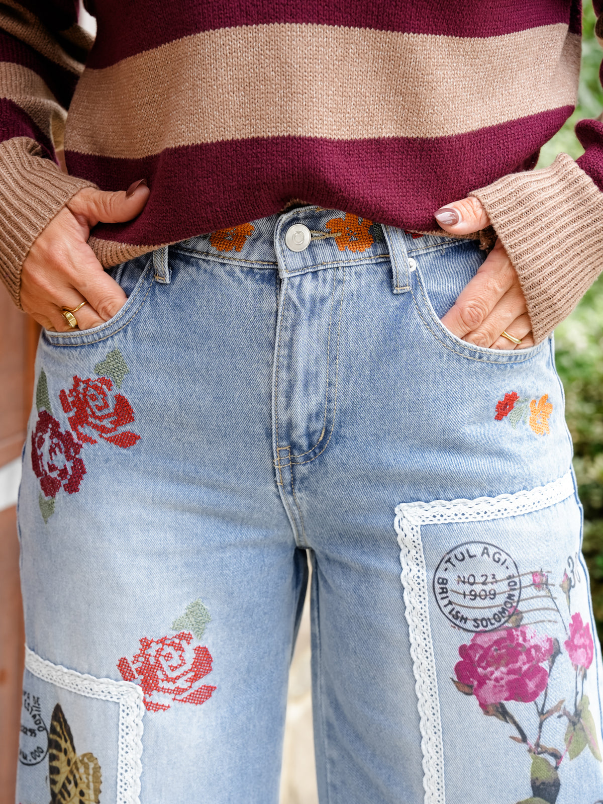 Postage Stamp Print High Waist Barrel Jeans