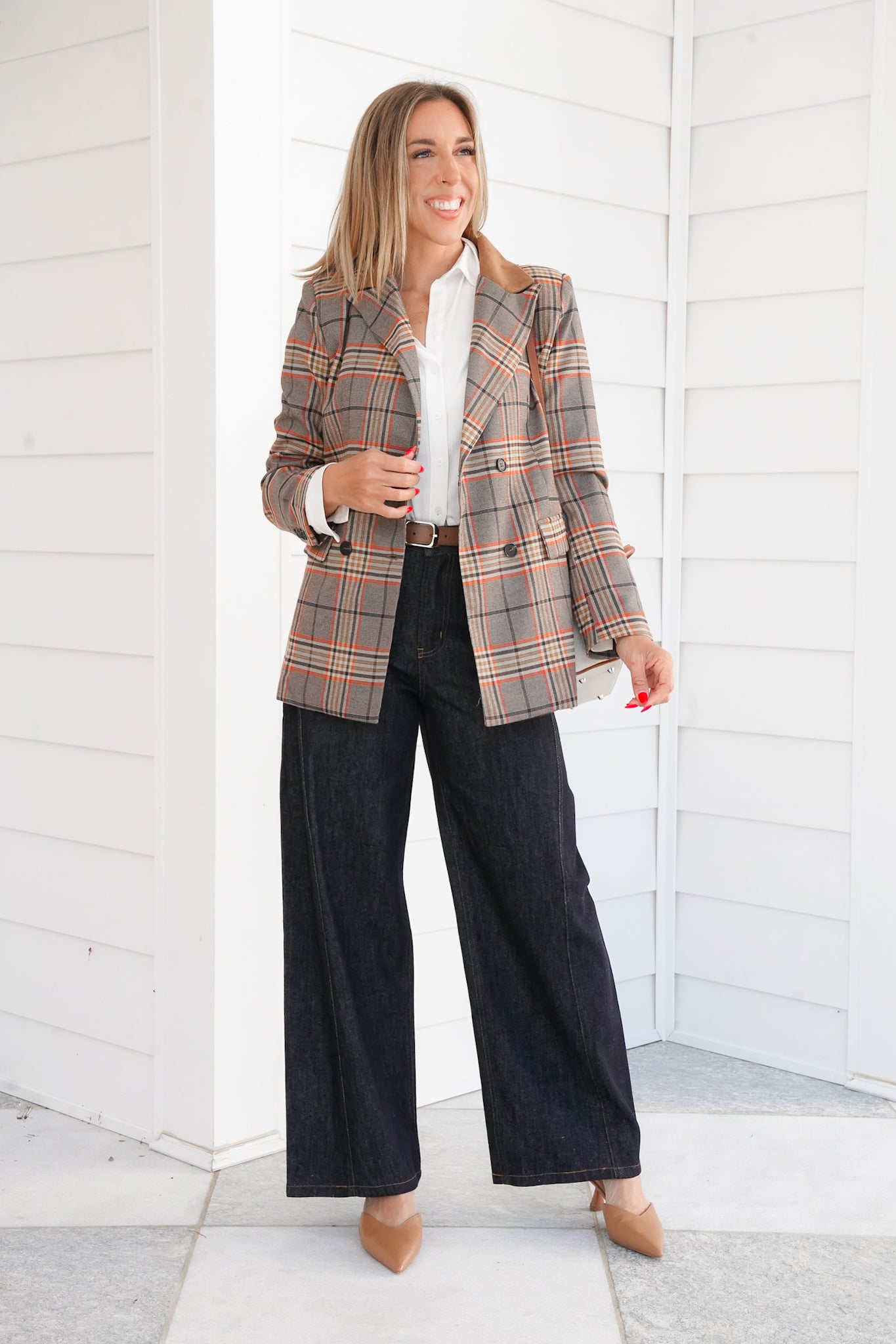 Long Sleeves Plaid Blazer with Elbow Patch