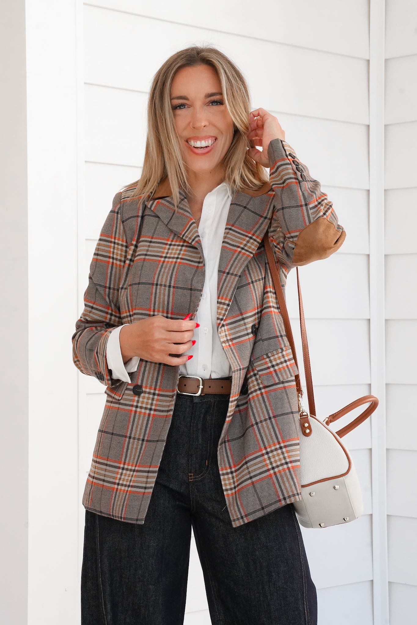 Long Sleeves Plaid Blazer with Elbow Patch
