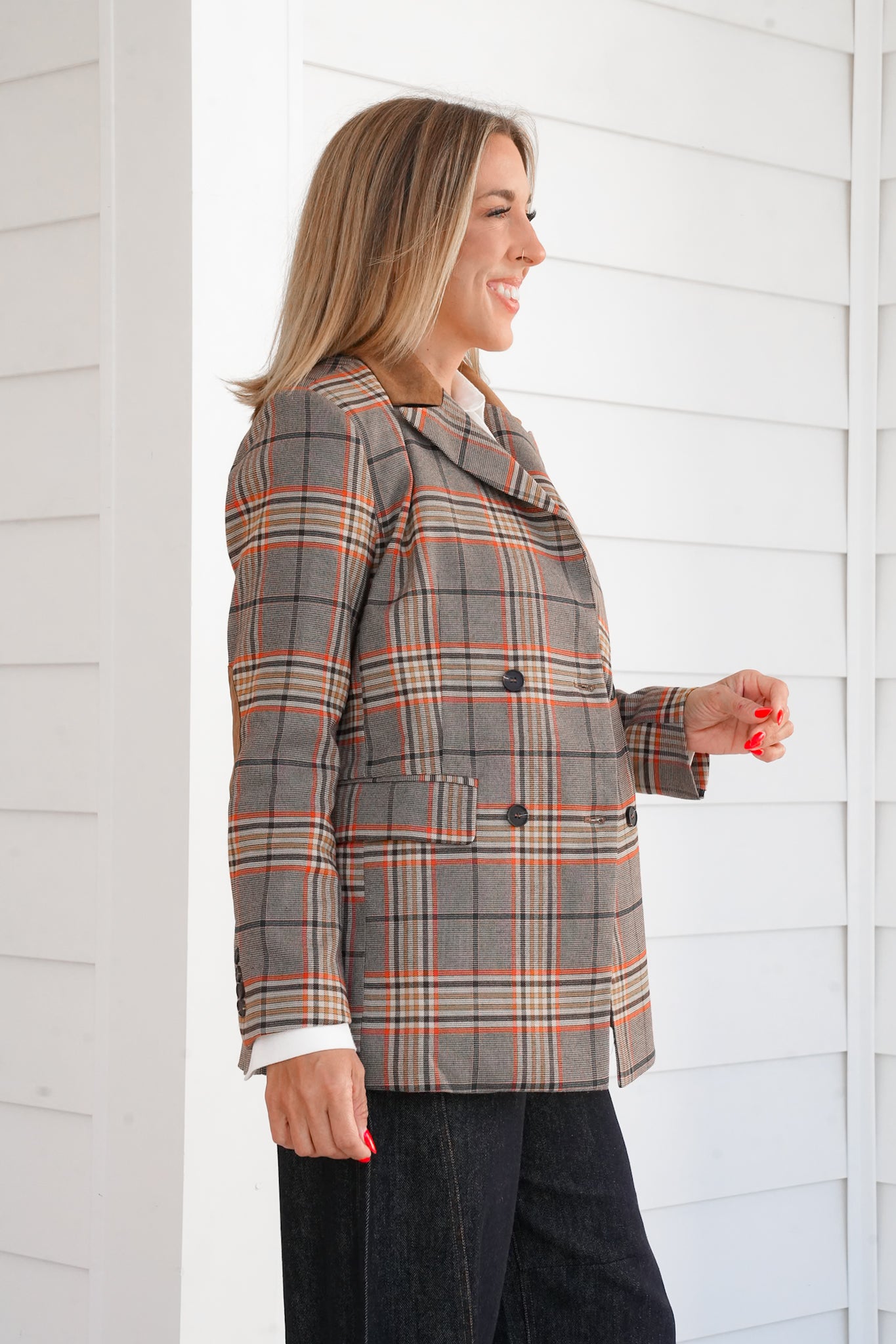 Long Sleeves Plaid Blazer with Elbow Patch