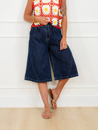 Dark Wash Wide Leg Long Shorts