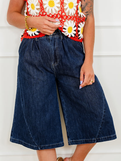 Dark Wash Wide Leg Long Shorts