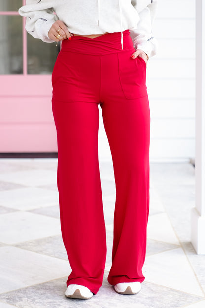 Solid V Waist Wide Leg Pants