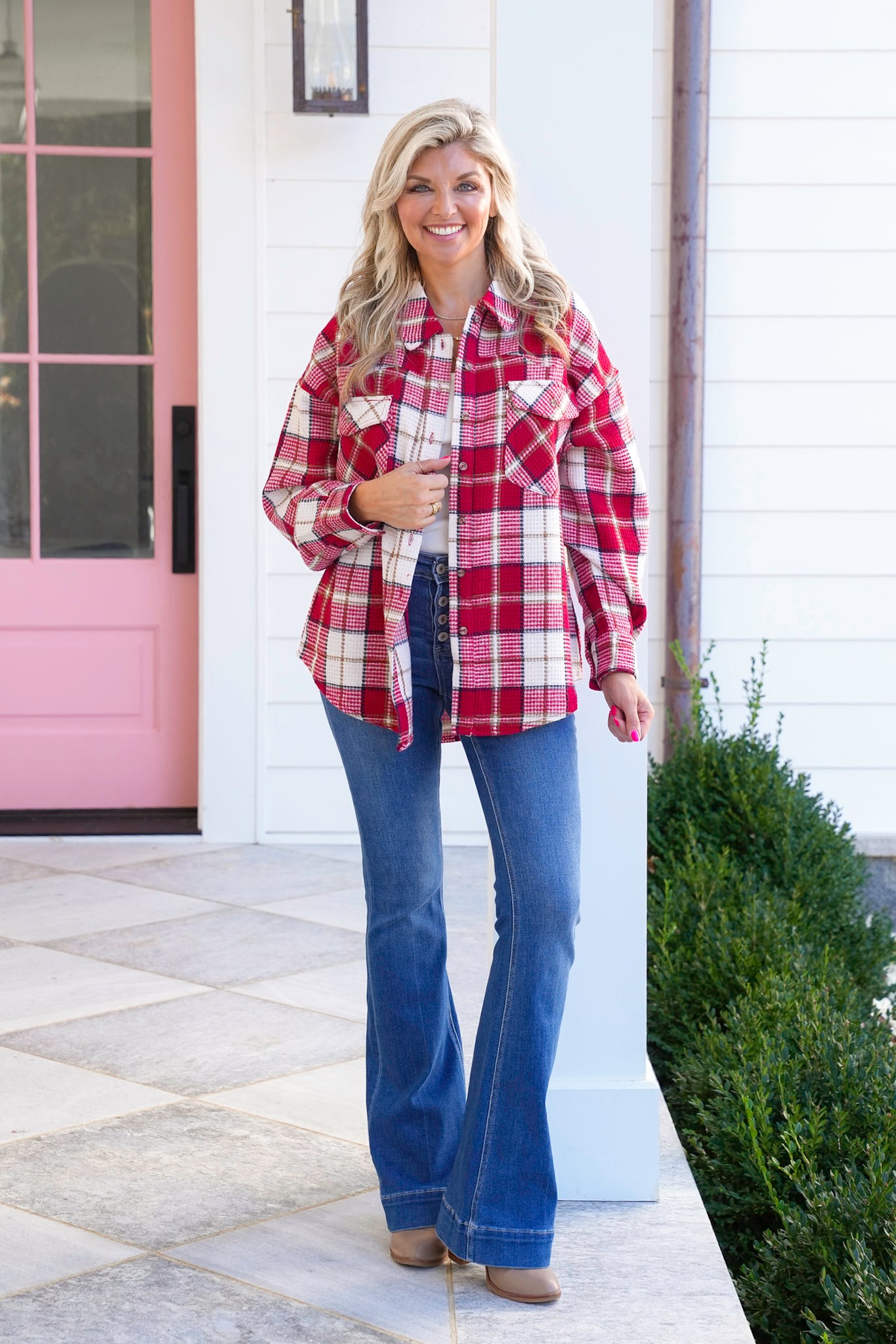 Plaid Waffle Knit Long Sleeve Button Down Shacket