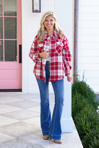 Plaid Waffle Knit Long Sleeve Button Down Shacket
