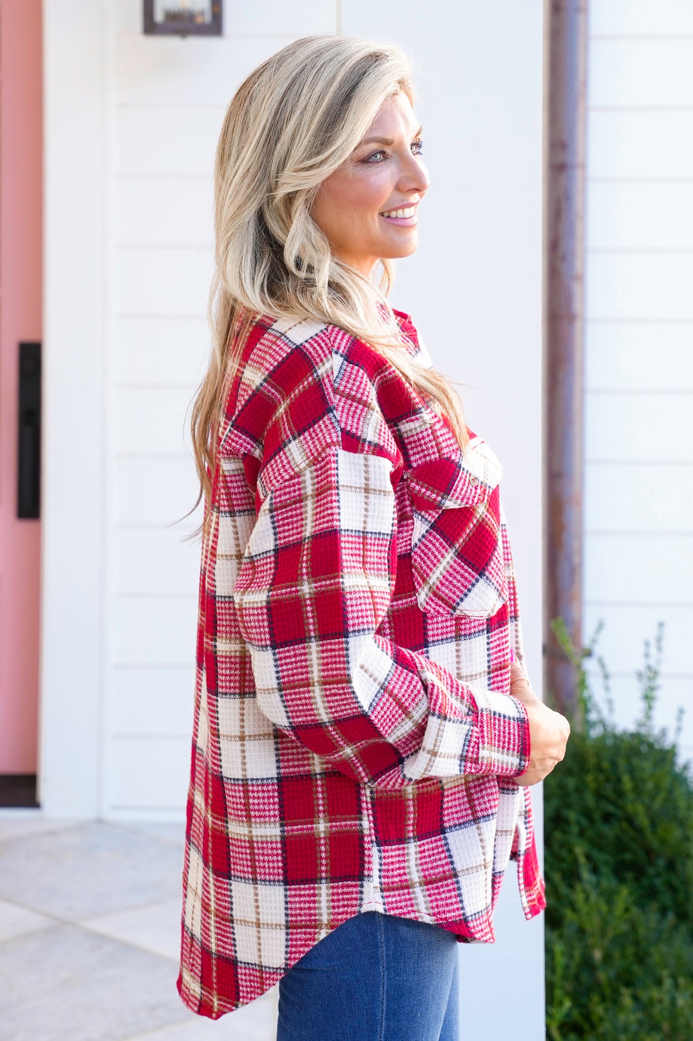 Plaid Waffle Knit Long Sleeve Button Down Shacket