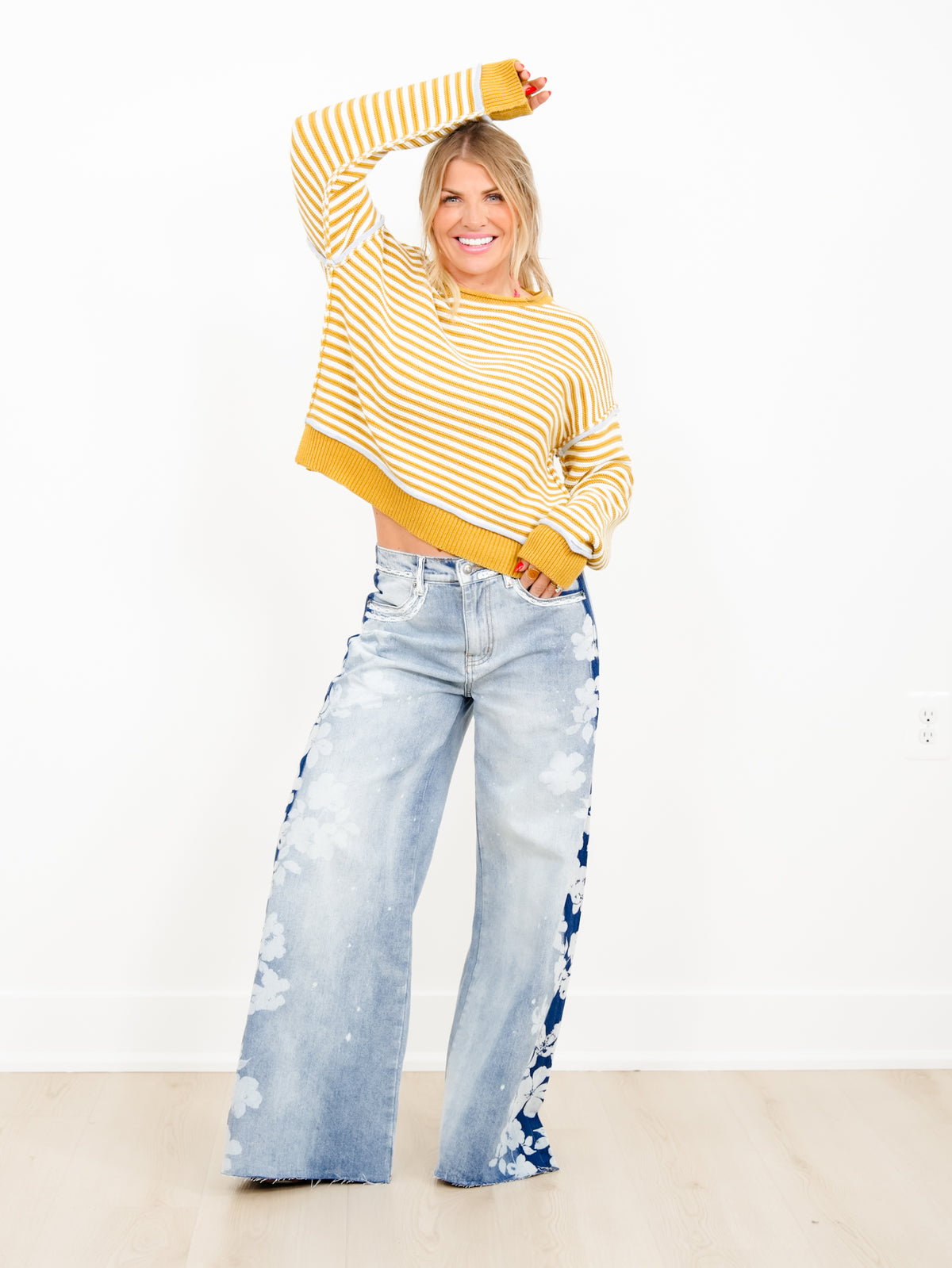 Light Wash High Waist Wide Leg Jeans with Floral Detail