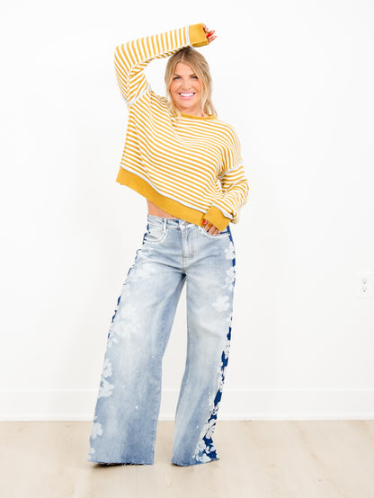 Light Wash High Waist Wide Leg Jeans with Floral Detail