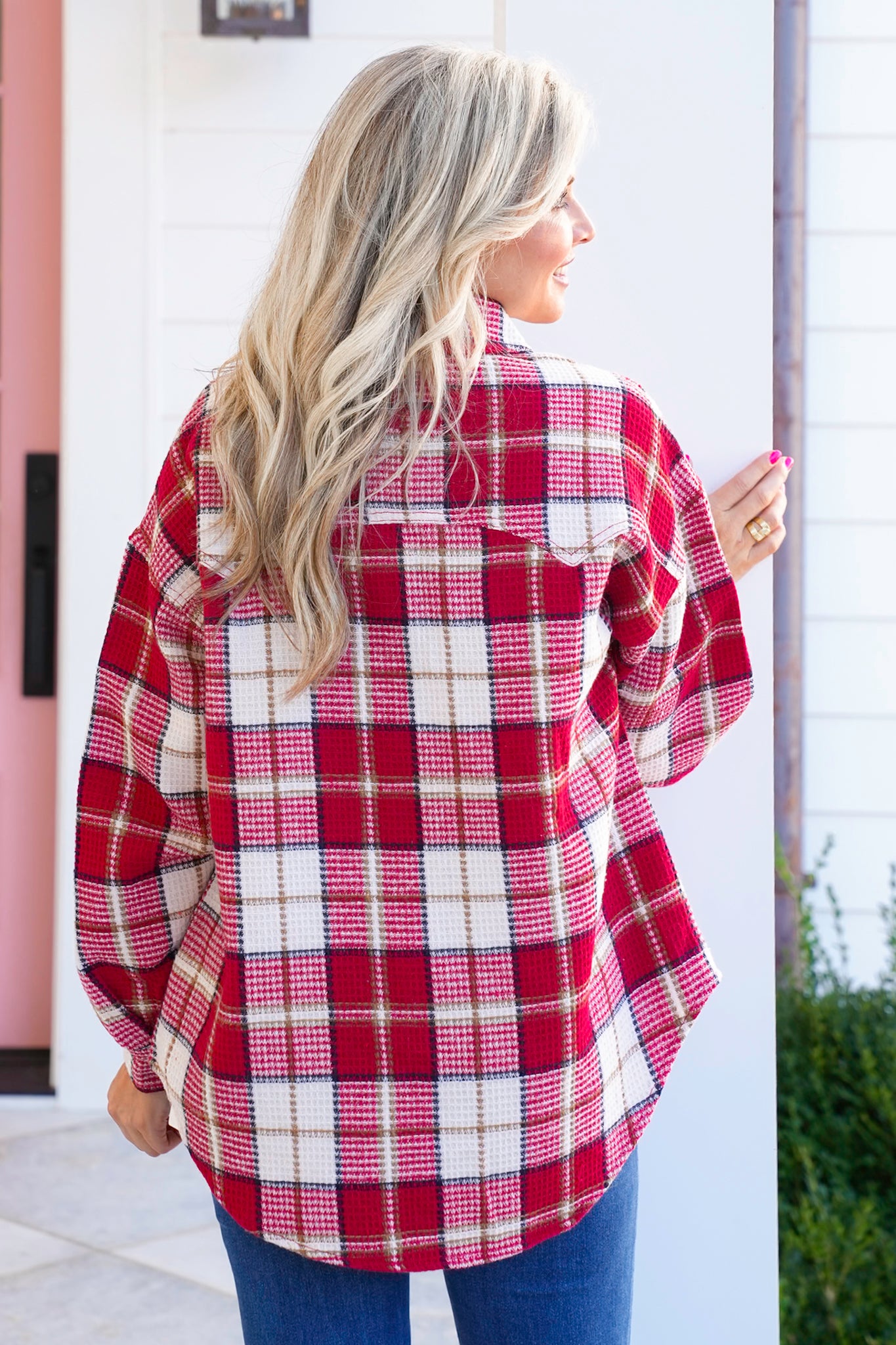 Plaid Waffle Knit Long Sleeve Button Down Shacket