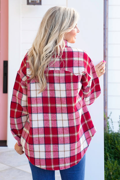 Plaid Waffle Knit Long Sleeve Button Down Shacket