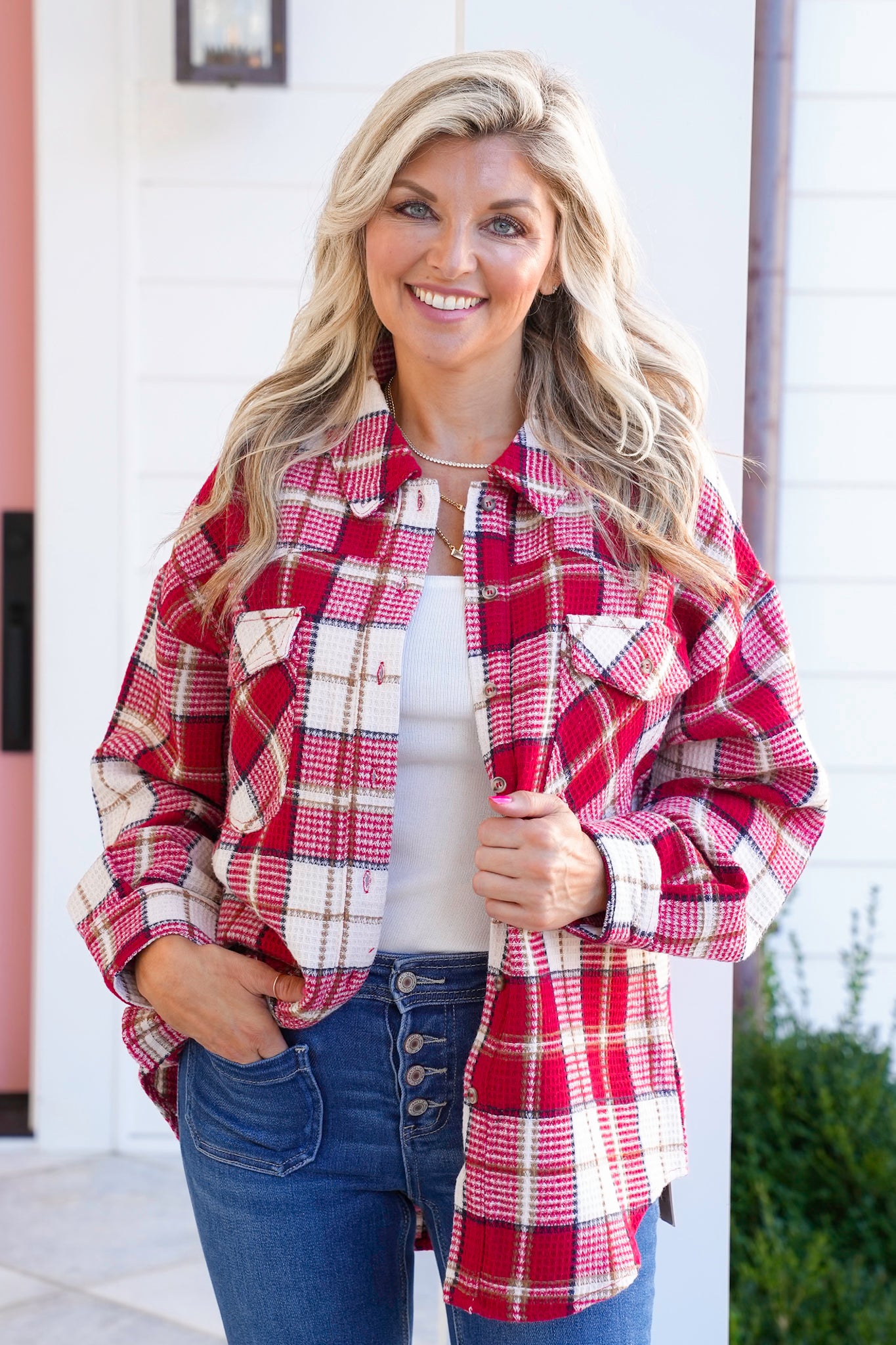 Plaid Waffle Knit Long Sleeve Button Down Shacket