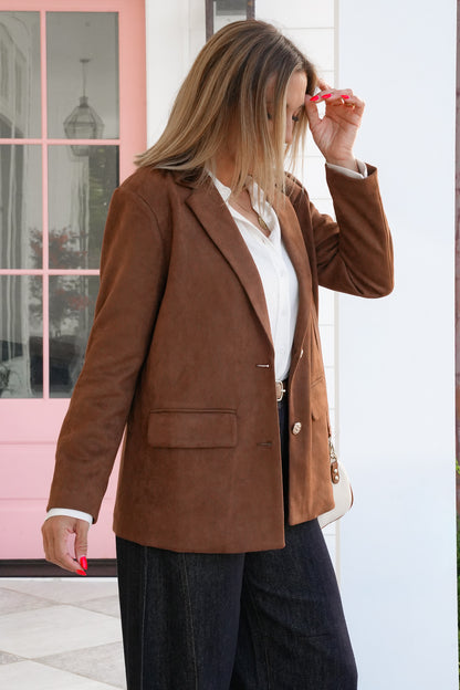 Vegan Suede Long Sleeve Blazer with Buttons