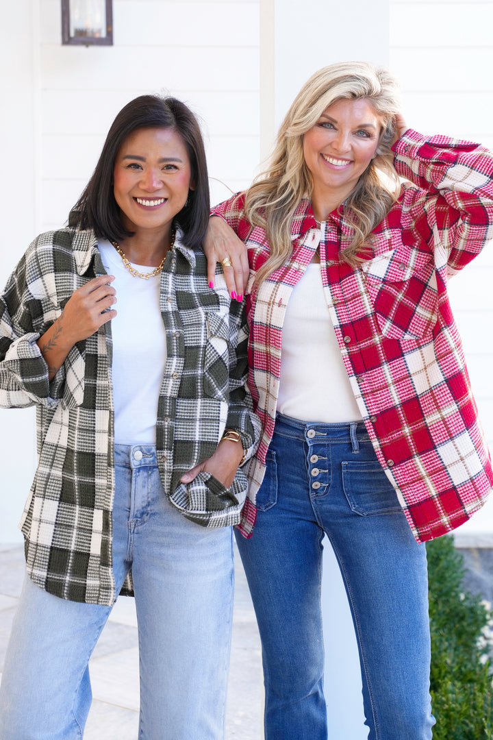 Plaid Waffle Knit Long Sleeve Button Down Shacket