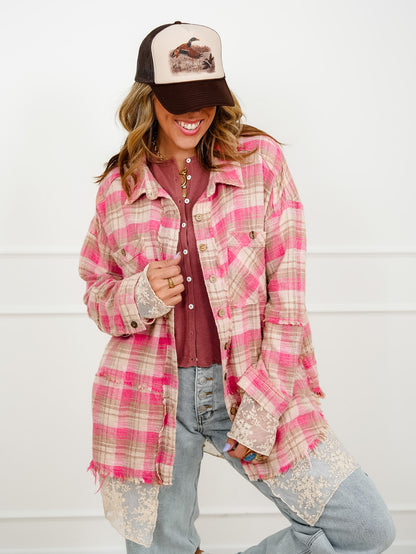 Plaid Long Sleeve Button Down Shacket with Lace Trim