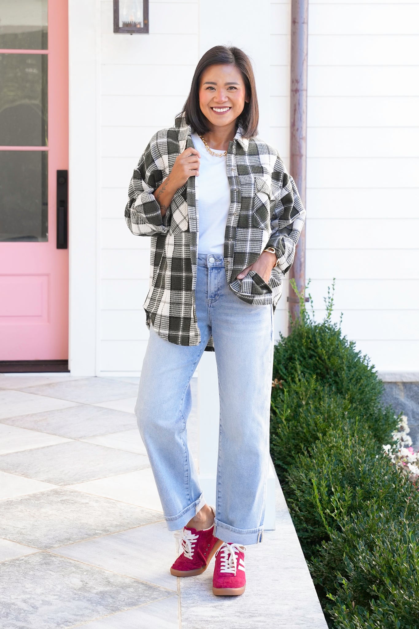Plaid Waffle Knit Long Sleeve Button Down Shacket