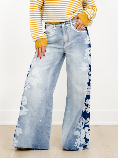 Light Wash High Waist Wide Leg Jeans with Floral Detail