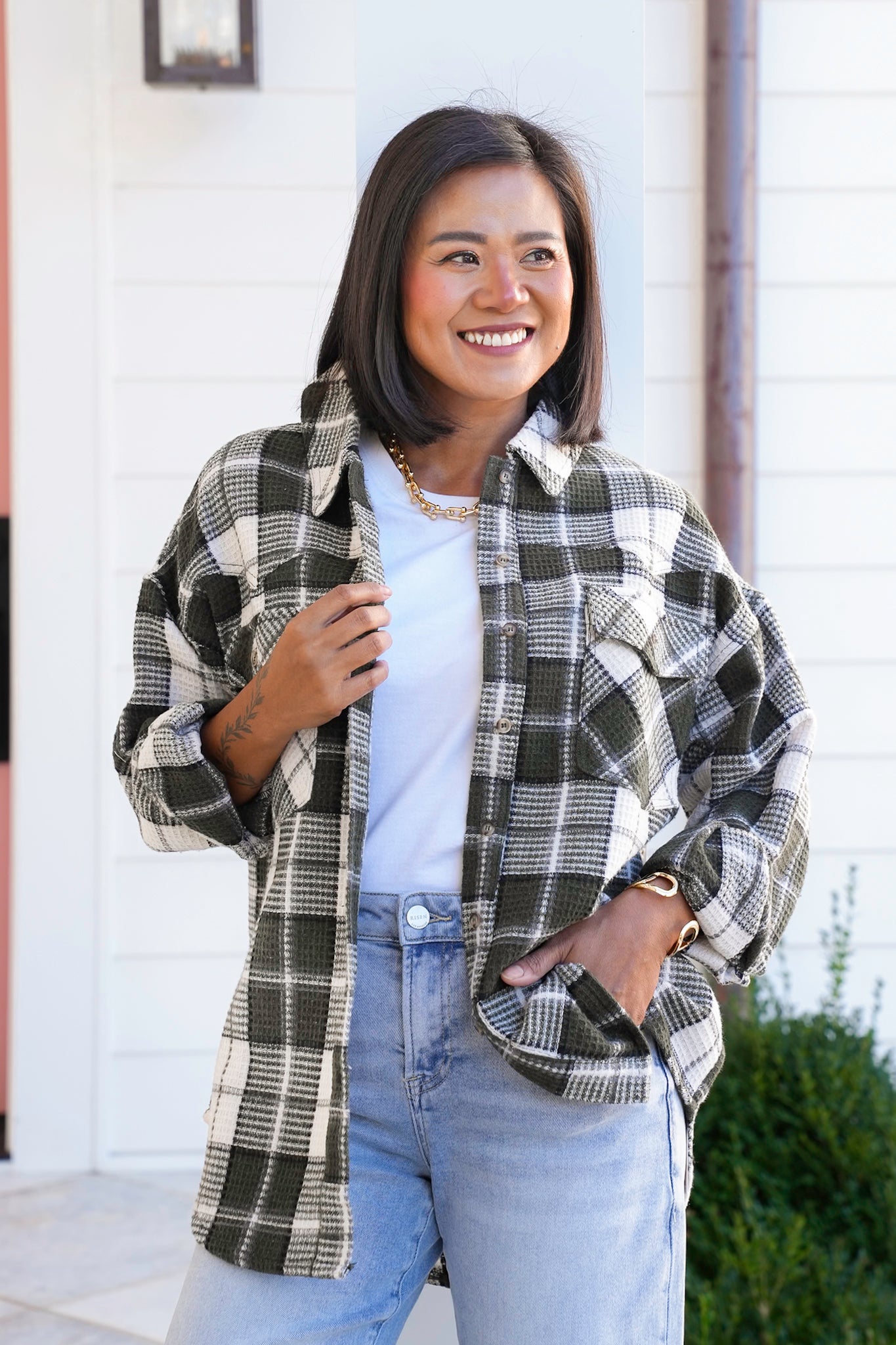 Plaid Waffle Knit Long Sleeve Button Down Shacket