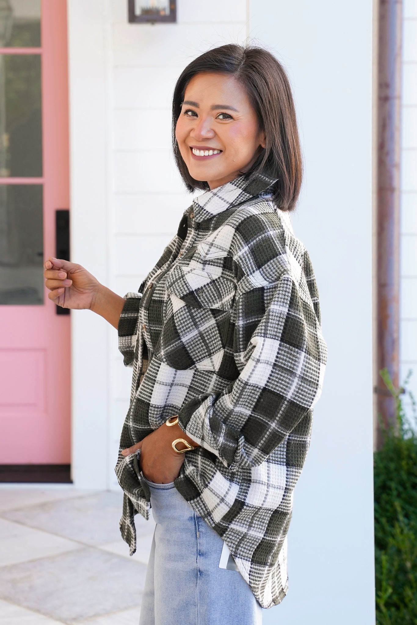 Plaid Waffle Knit Long Sleeve Button Down Shacket