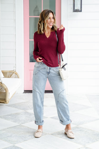 Ribbed Long Sleeve V-Neck Top