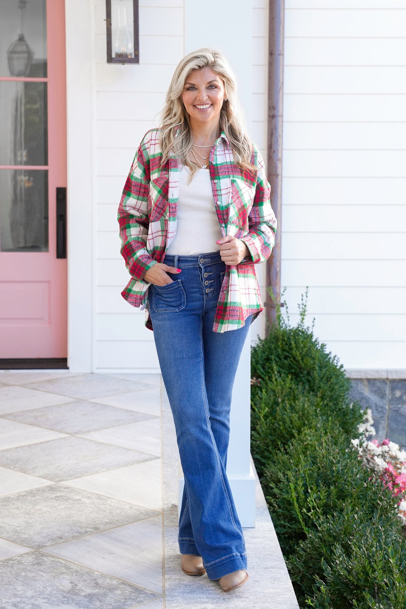 Plus/Reg Plaid Long Sleeve Button Down Shacket