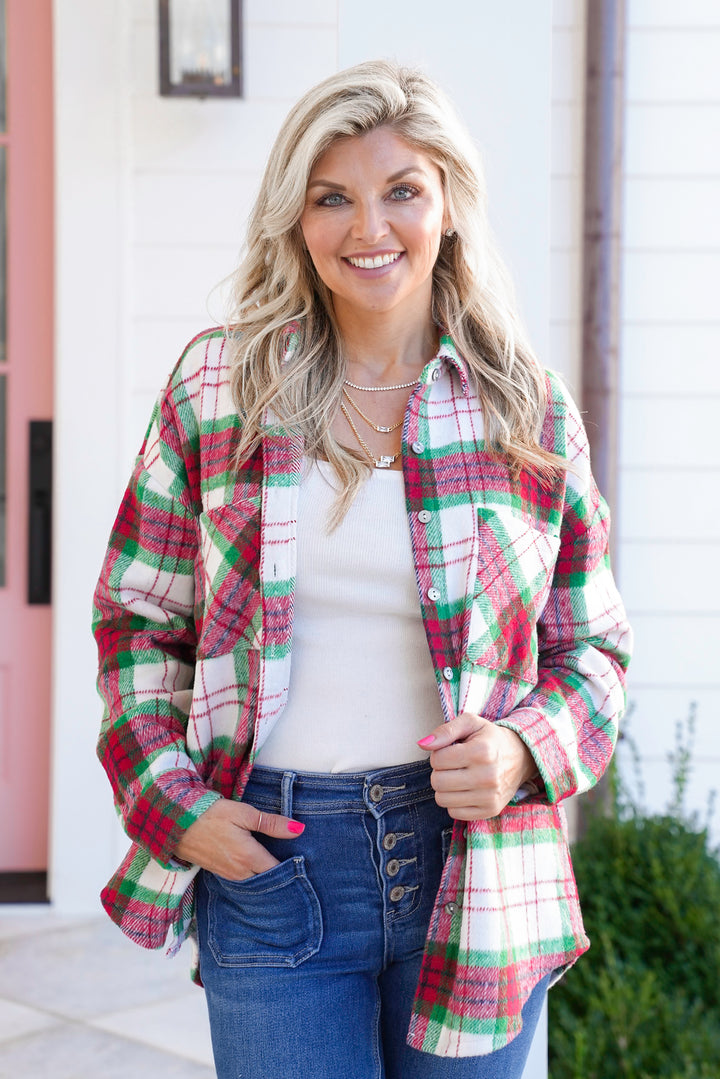 Plus/Reg Plaid Long Sleeve Button Down Shacket