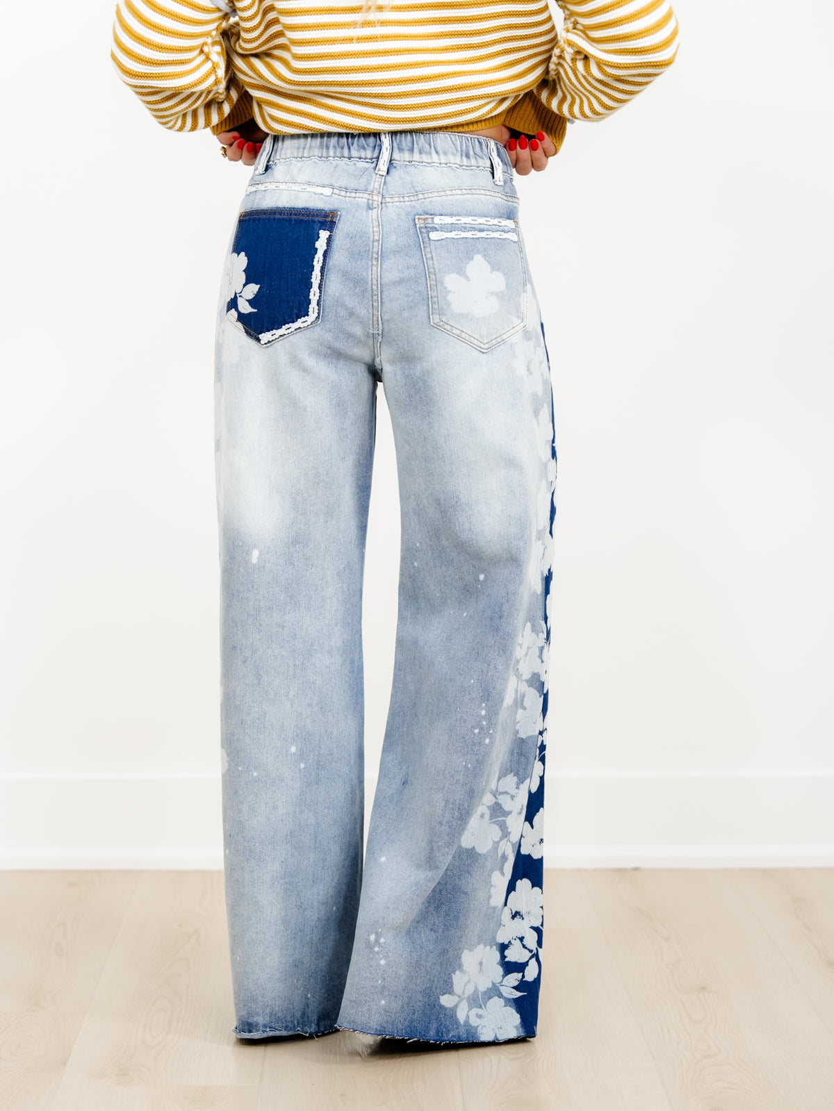 Light Wash High Waist Wide Leg Jeans with Floral Detail