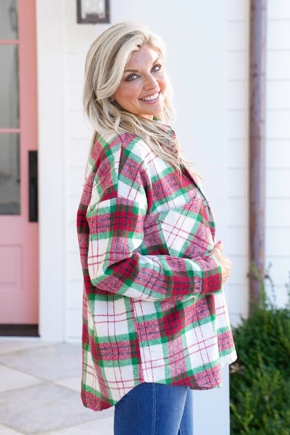 Plus/Reg Plaid Long Sleeve Button Down Shacket