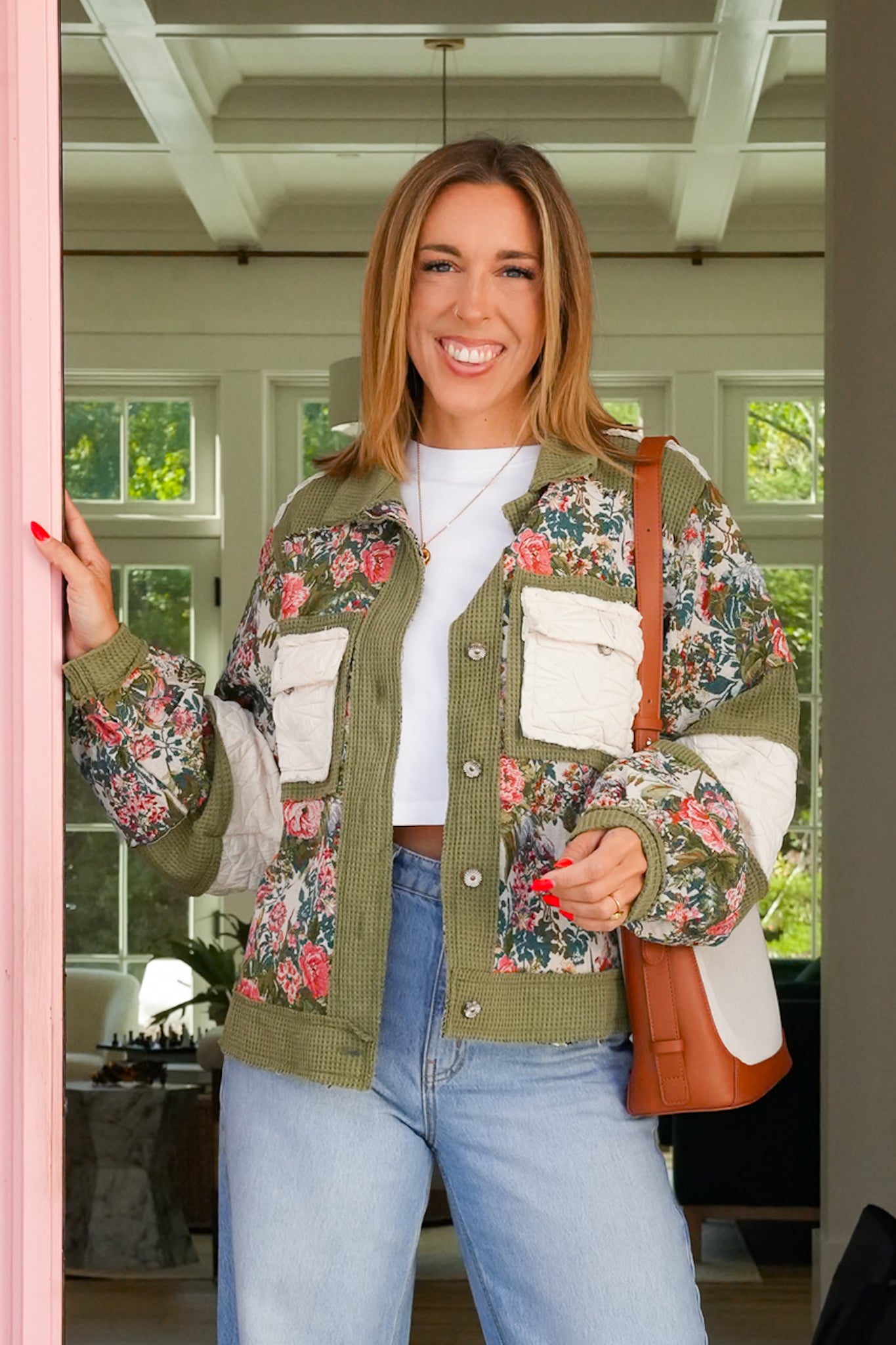POL Floral Pattern Long Sleeve Button Down Jacket