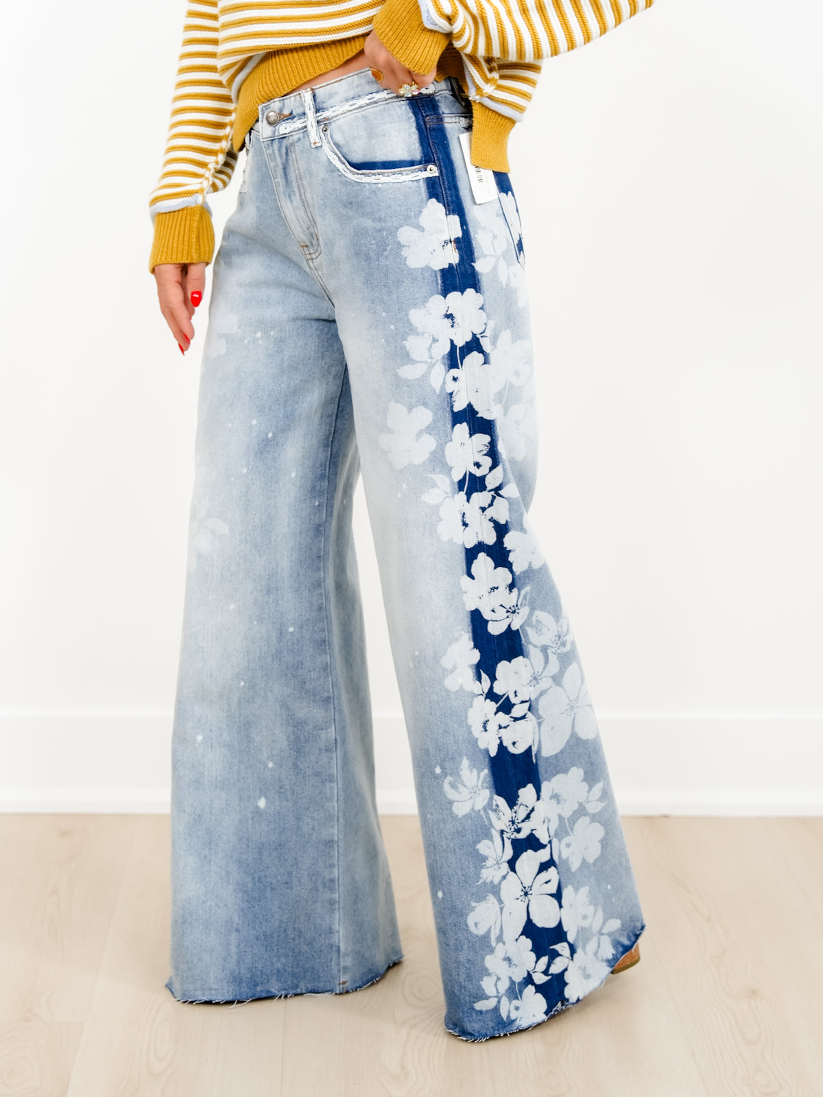 Light Wash High Waist Wide Leg Jeans with Floral Detail