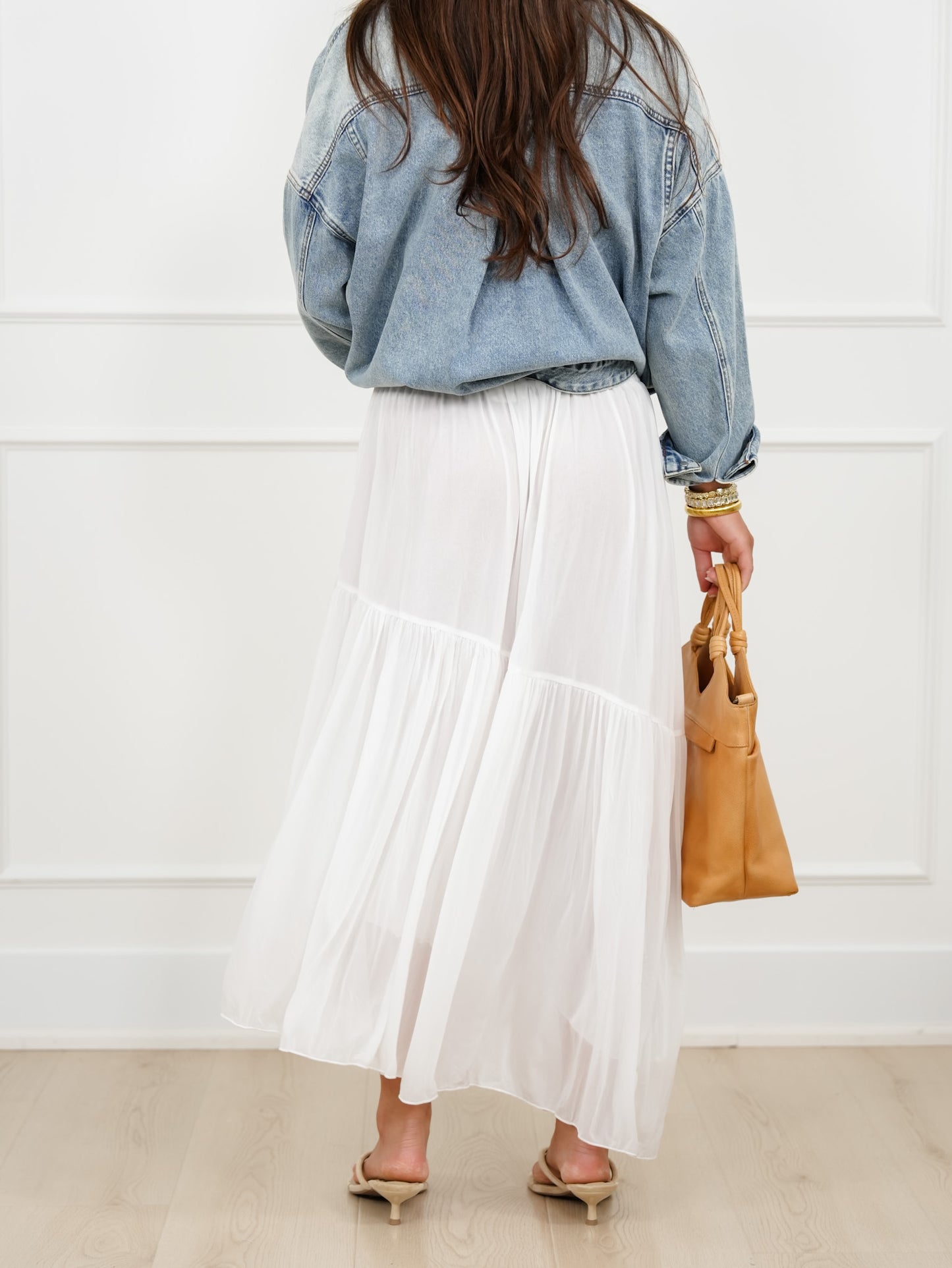White Crinkled Woven Elastic Waist Asymmetrical Hem Skirt