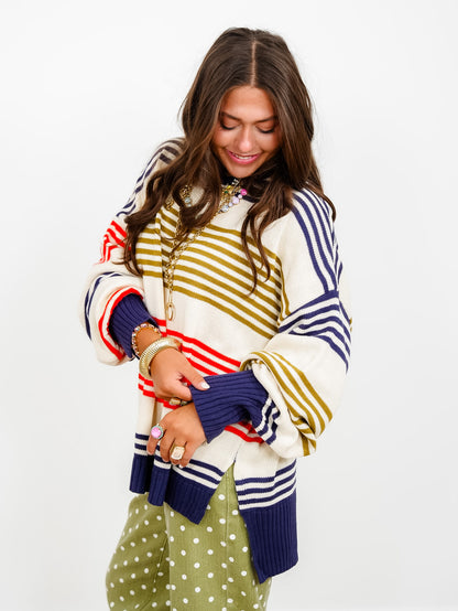 Multi Color Stripe Long Sleeve Pullover Sweater