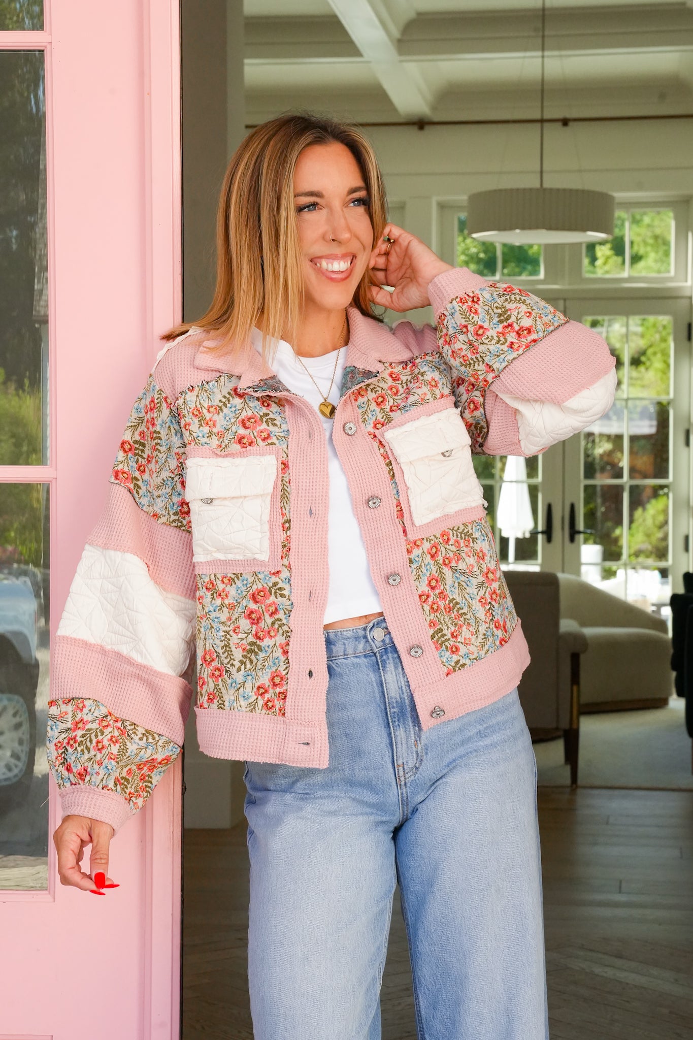 POL Floral Pattern Long Sleeve Button Down Jacket