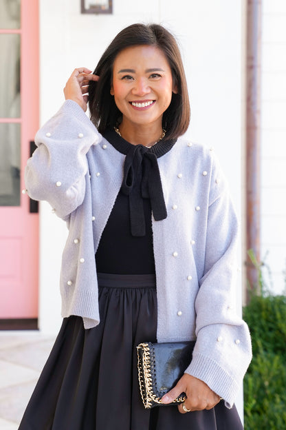 Tie At The Neck Long Sleeve Cardigan with Pearl Studs