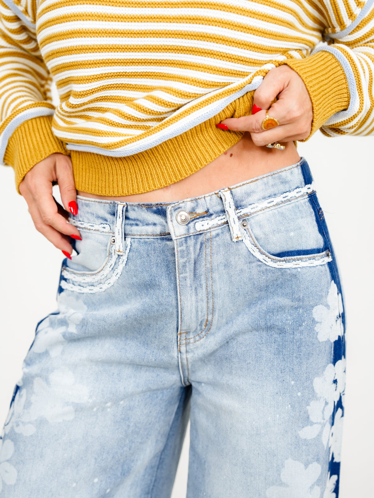 Light Wash High Waist Wide Leg Jeans with Floral Detail