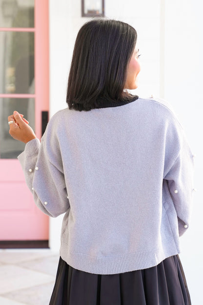 Tie At The Neck Long Sleeve Cardigan with Pearl Studs