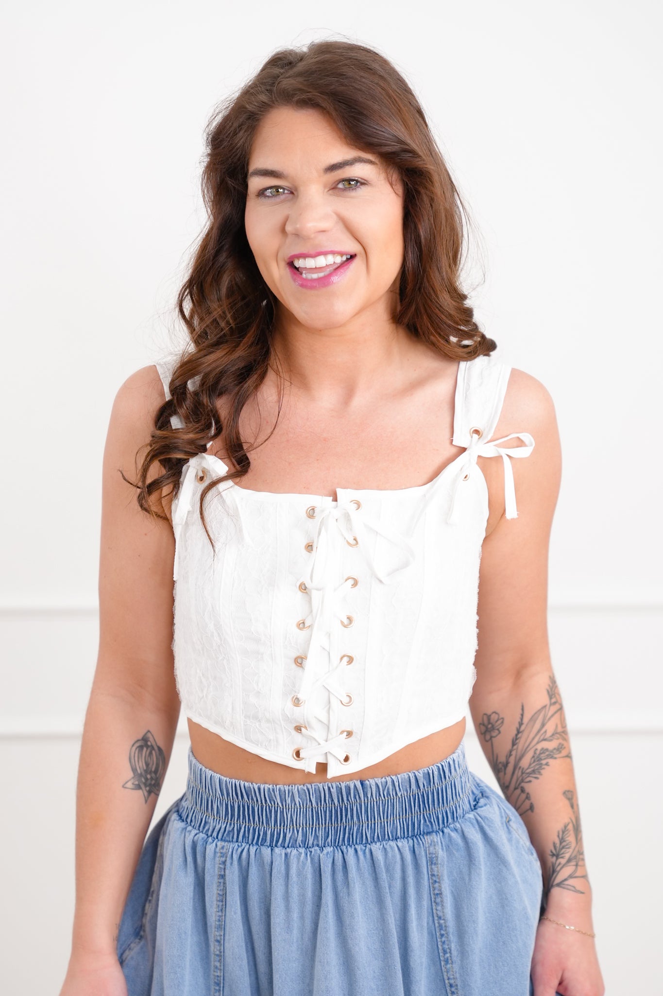 White Lace Sleeveless Lace Up Crop Top