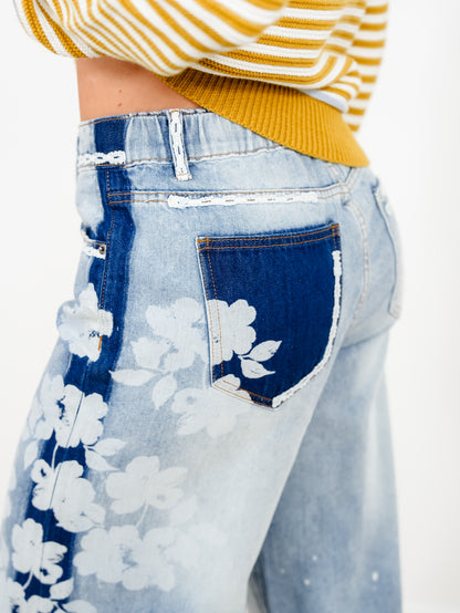 Light Wash High Waist Wide Leg Jeans with Floral Detail