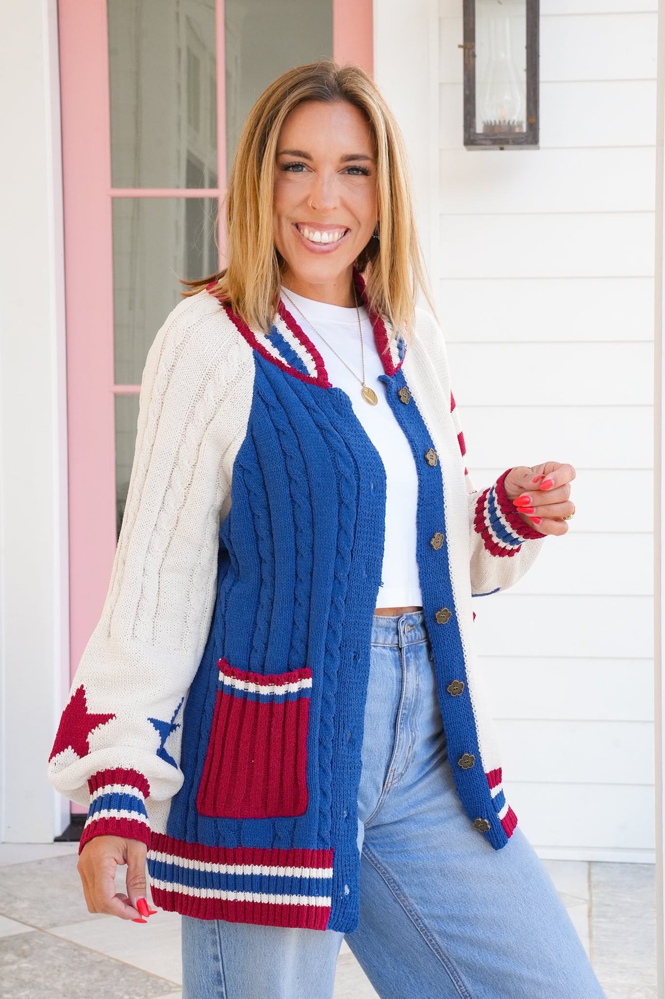 POL Star And Stripes Long Sleeve Button Down Cardigan