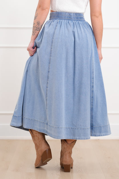 Plus/Reg Elastic Waist Midi Skirt with Side Pockets