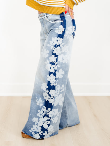 Light Wash High Waist Wide Leg Jeans with Floral Detail