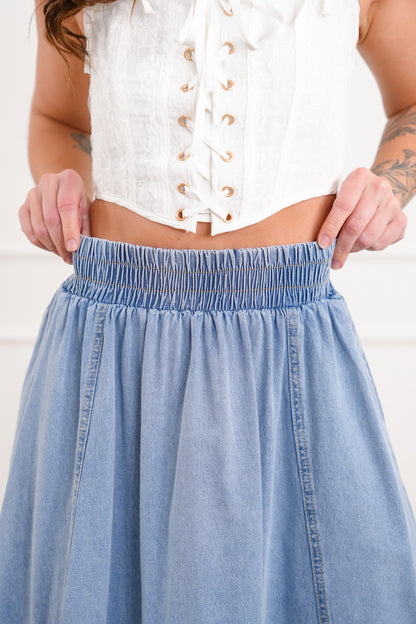 Plus/Reg Elastic Waist Midi Skirt with Side Pockets